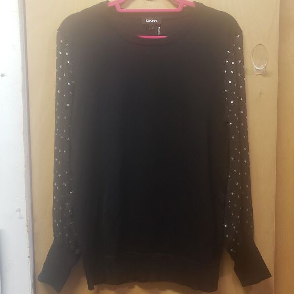 DKNY black top with sheer sleeves that have a star pattern Sz Medium III - Picture 2 of 7